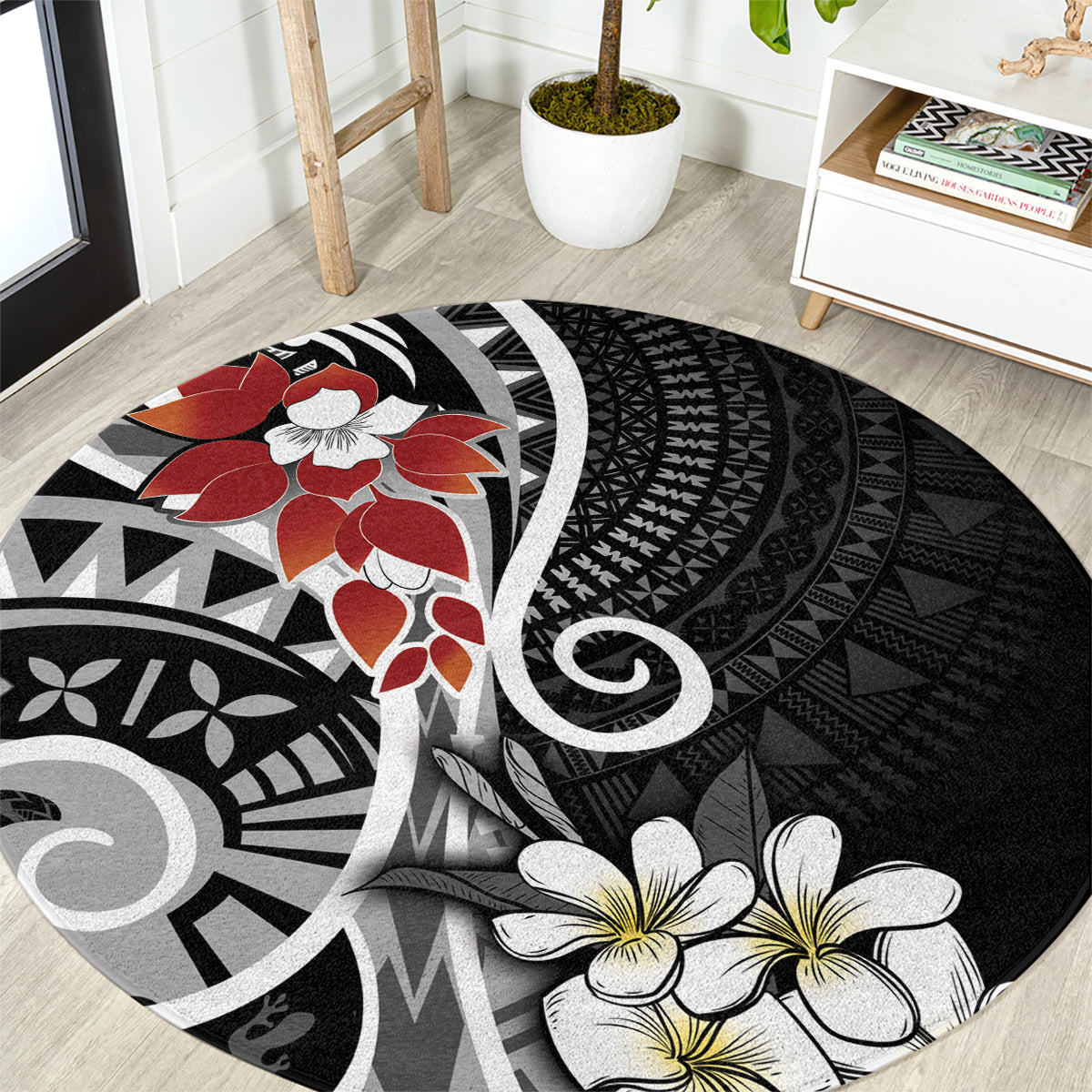 Bula Fiji Tagimaucia Mix Plumeria Masi Tapa Round Carpet Black