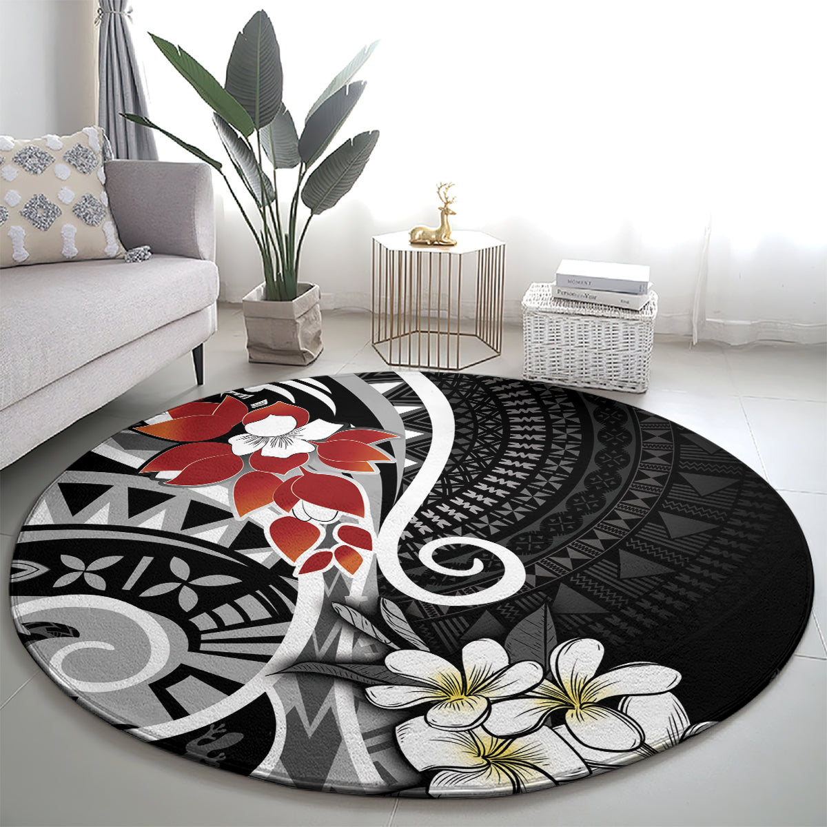 Bula Fiji Tagimaucia Mix Plumeria Masi Tapa Round Carpet Black