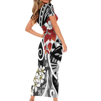 Bula Fiji Tagimaucia Mix Plumeria Masi Tapa Short Sleeve Bodycon Dress Black LT7 - Polynesian Pride