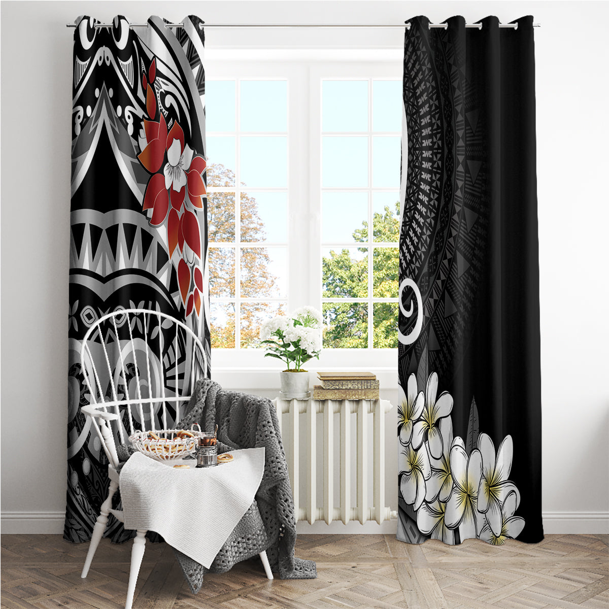 Bula Fiji Tagimaucia Mix Plumeria Masi Tapa Window Curtain Black