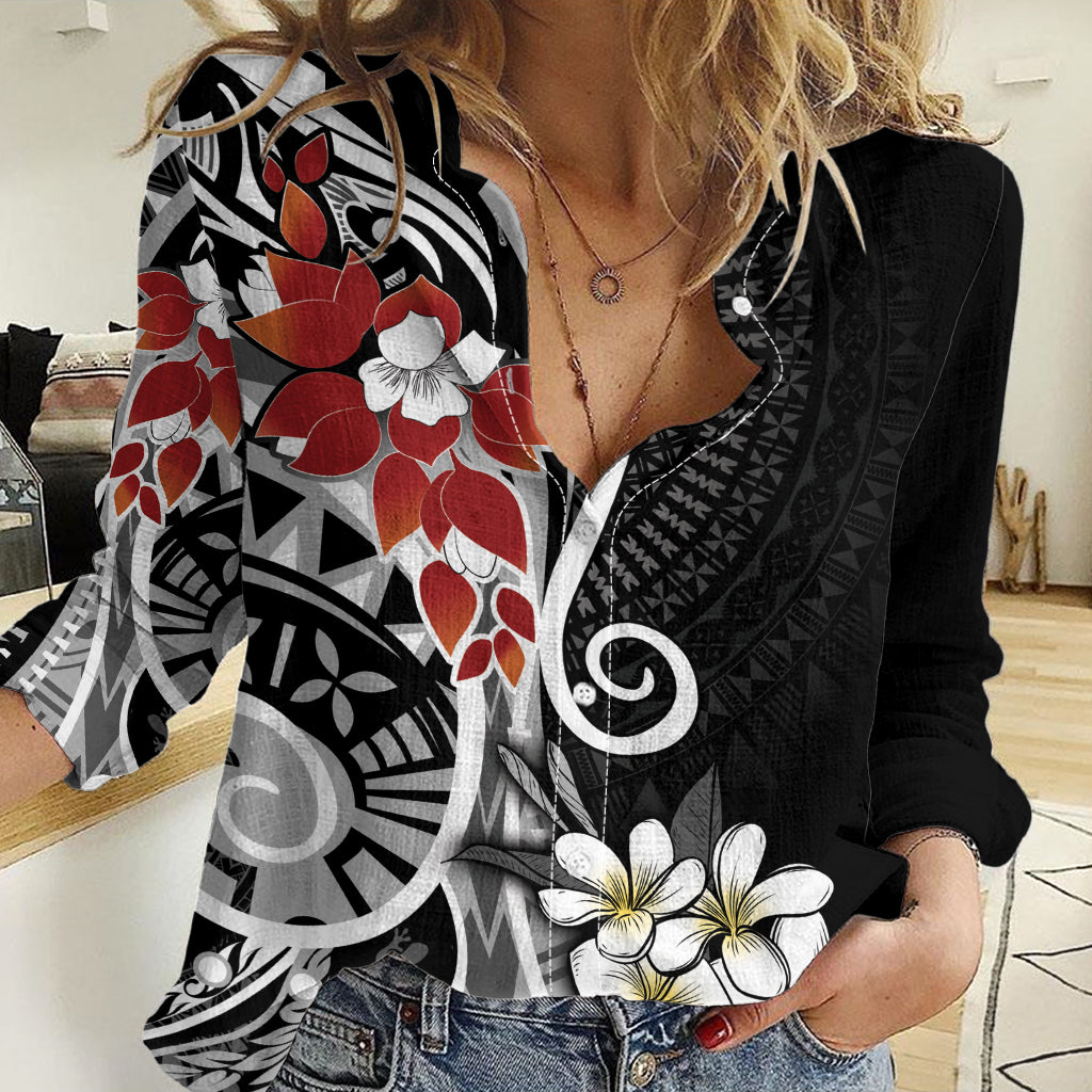 Bula Fiji Tagimaucia Mix Plumeria Masi Tapa Women Casual Shirt Black LT7 Female Black - Polynesian Pride