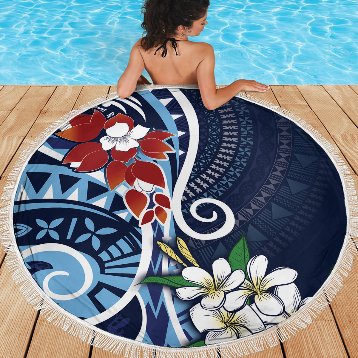 Bula Fiji Tagimaucia Mix Plumeria Masi Tapa Beach Blanket Blue