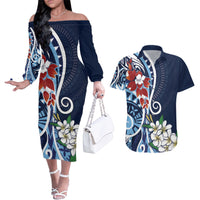 Bula Fiji Tagimaucia Mix Plumeria Masi Tapa Couples Matching Off The Shoulder Long Sleeve Dress and Hawaiian Shirt Blue LT7 Blue - Polynesian Pride