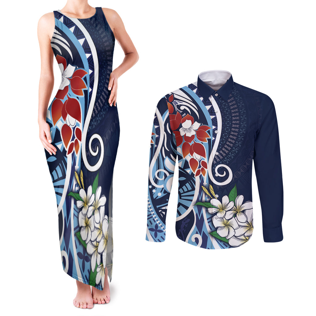 Bula Fiji Tagimaucia Mix Plumeria Masi Tapa Couples Matching Tank Maxi Dress and Long Sleeve Button Shirt Blue LT7 Blue - Polynesian Pride