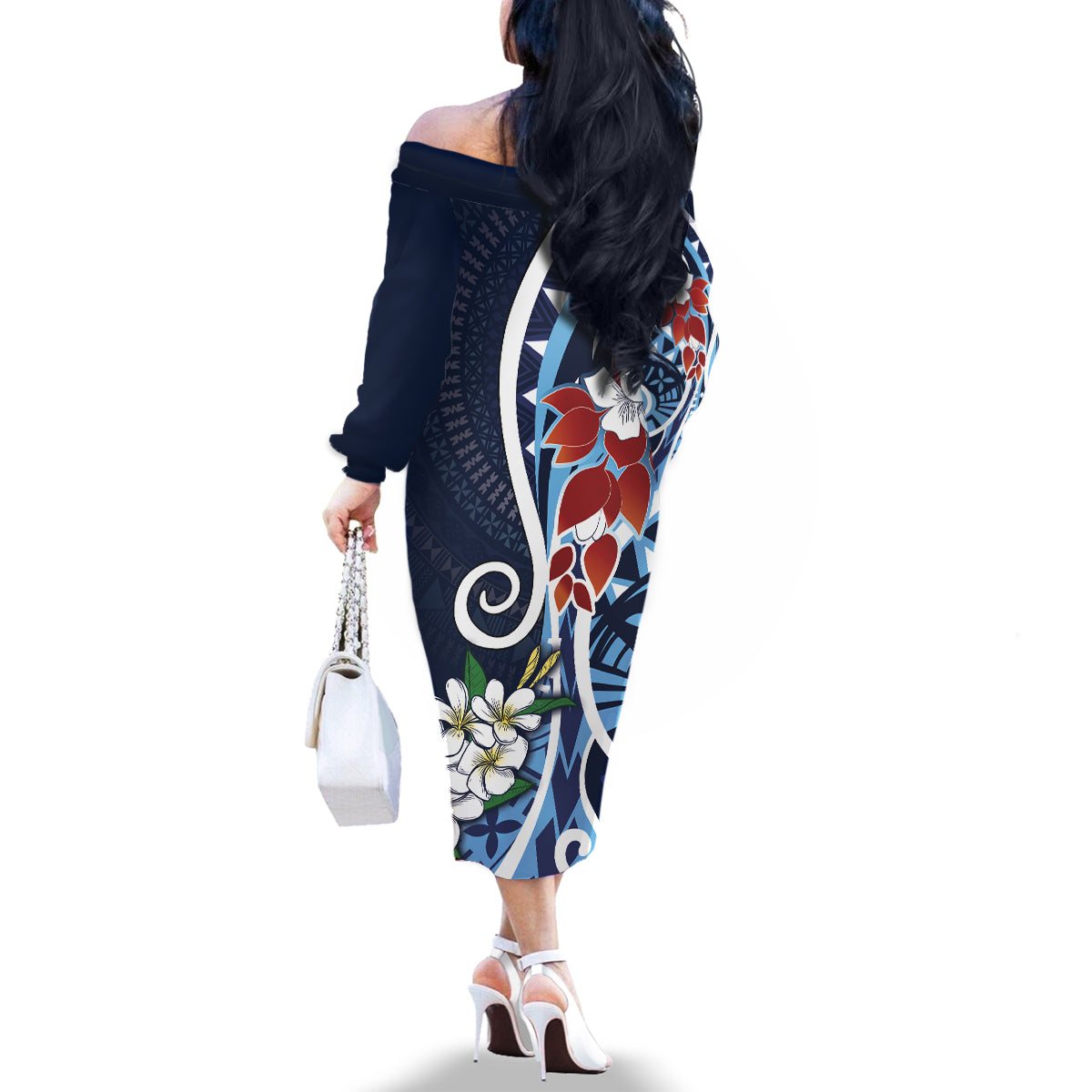 Bula Fiji Tagimaucia Mix Plumeria Masi Tapa Family Matching Off Shoulder Long Sleeve Dress and Hawaiian Shirt Blue LT7 - Polynesian Pride