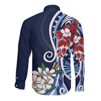 Bula Fiji Tagimaucia Mix Plumeria Masi Tapa Long Sleeve Button Shirt Blue LT7 - Polynesian Pride