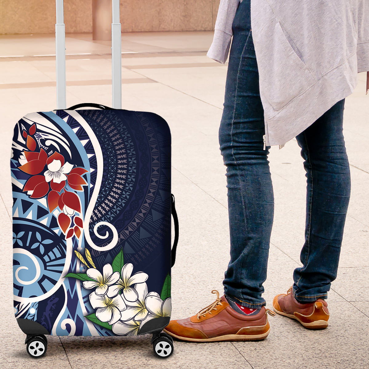 Bula Fiji Tagimaucia Mix Plumeria Masi Tapa Luggage Cover Blue