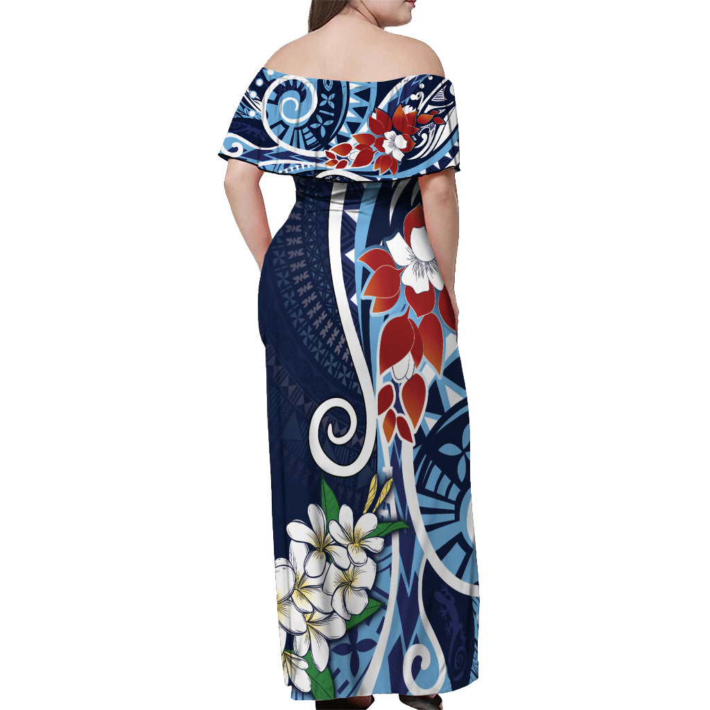 Bula Fiji Tagimaucia Mix Plumeria Masi Tapa Off Shoulder Maxi Dress Blue LT7 - Polynesian Pride