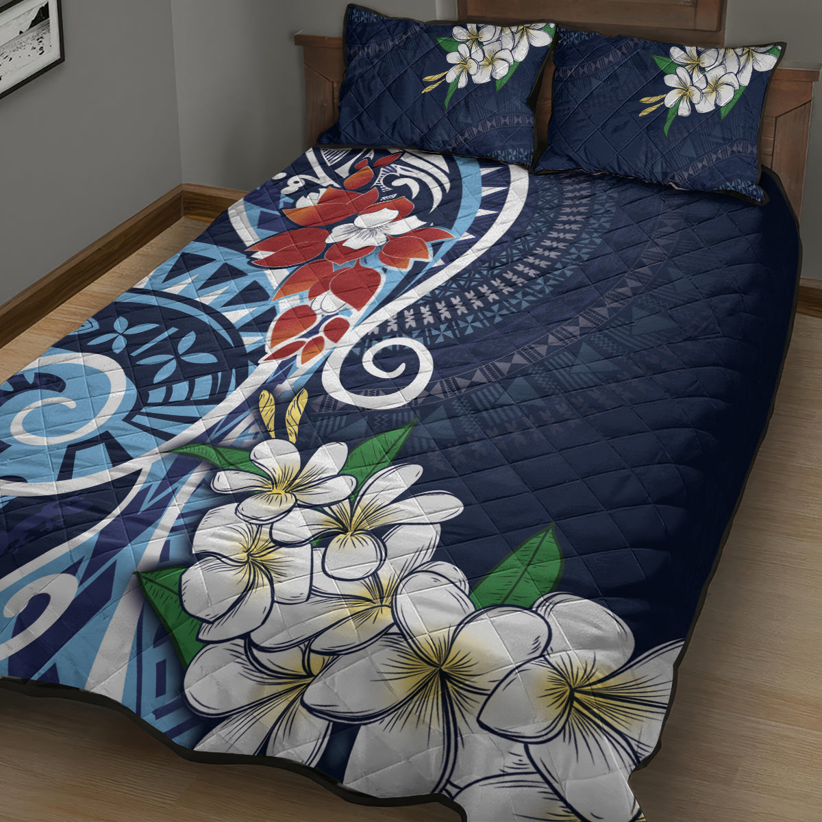 Bula Fiji Tagimaucia Mix Plumeria Masi Tapa Quilt Bed Set Blue
