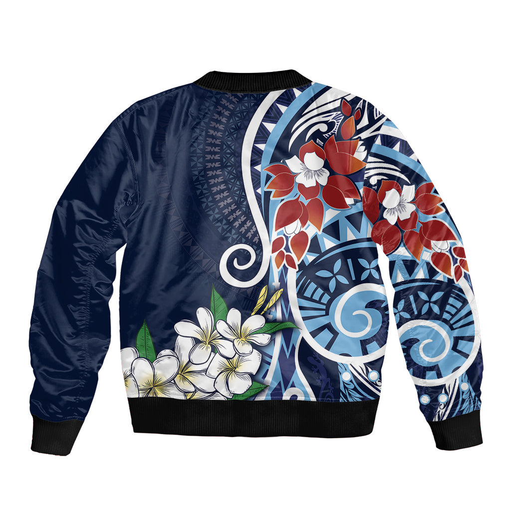 Bula Fiji Tagimaucia Mix Plumeria Masi Tapa Sleeve Zip Bomber Jacket Blue LT7 - Polynesian Pride