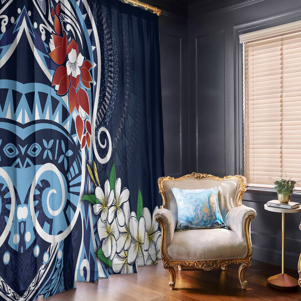 Bula Fiji Tagimaucia Mix Plumeria Masi Tapa Window Curtain Blue