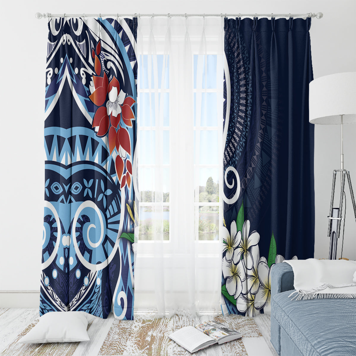 Bula Fiji Tagimaucia Mix Plumeria Masi Tapa Window Curtain Blue