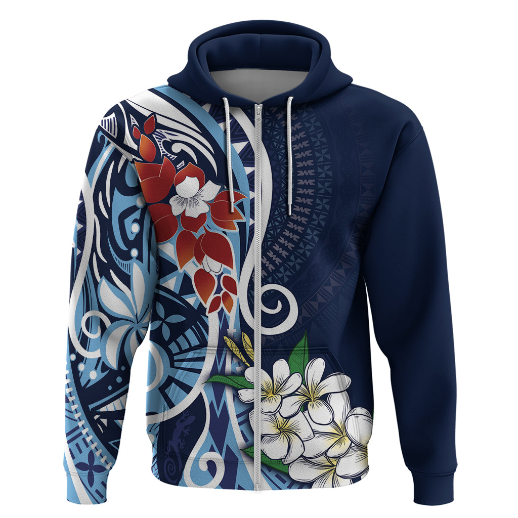 Bula Fiji Tagimaucia Mix Plumeria Masi Tapa Zip Hoodie Blue LT7 Zip Hoodie Blue - Polynesian Pride