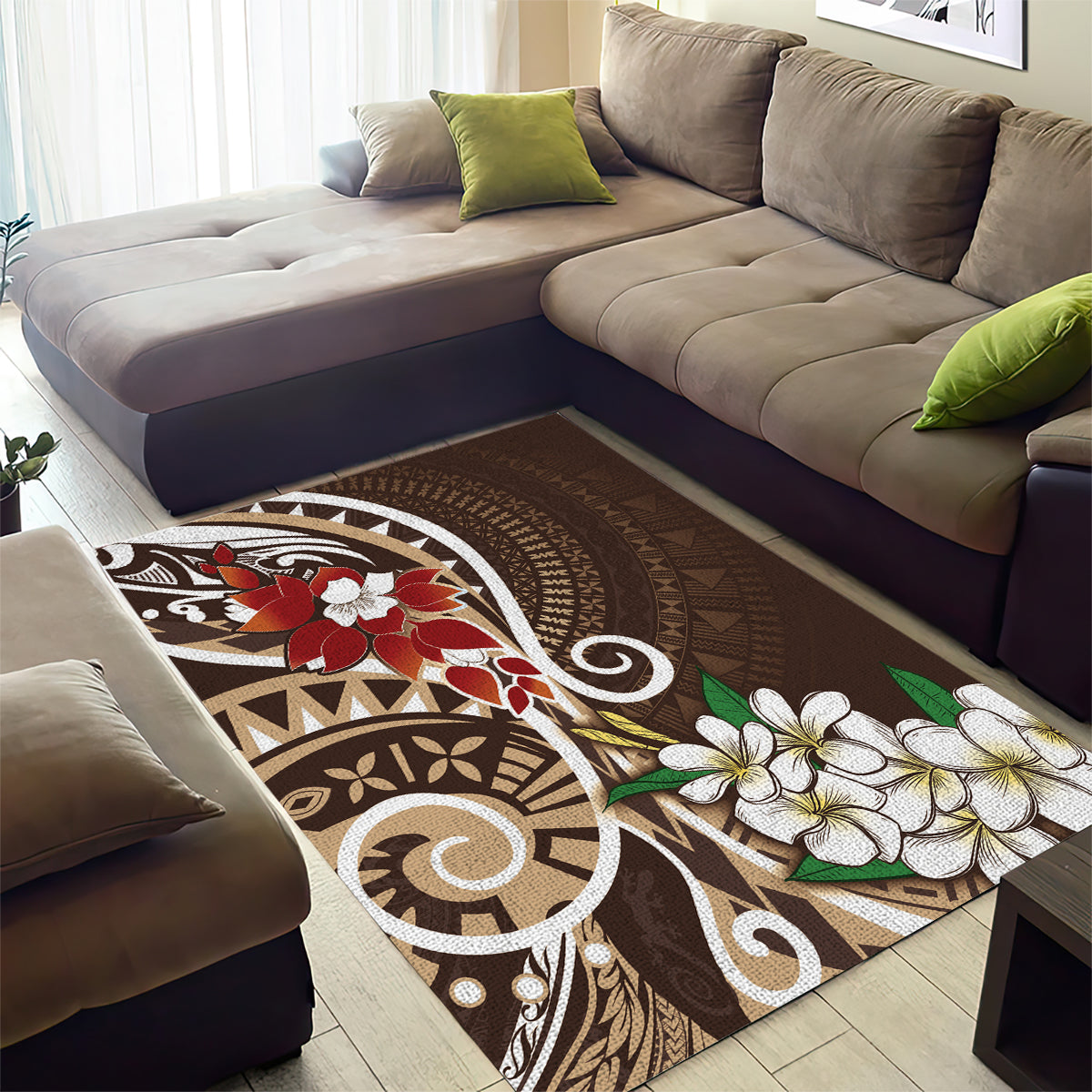 Bula Fiji Tagimaucia Mix Plumeria Masi Tapa Area Rug Brown