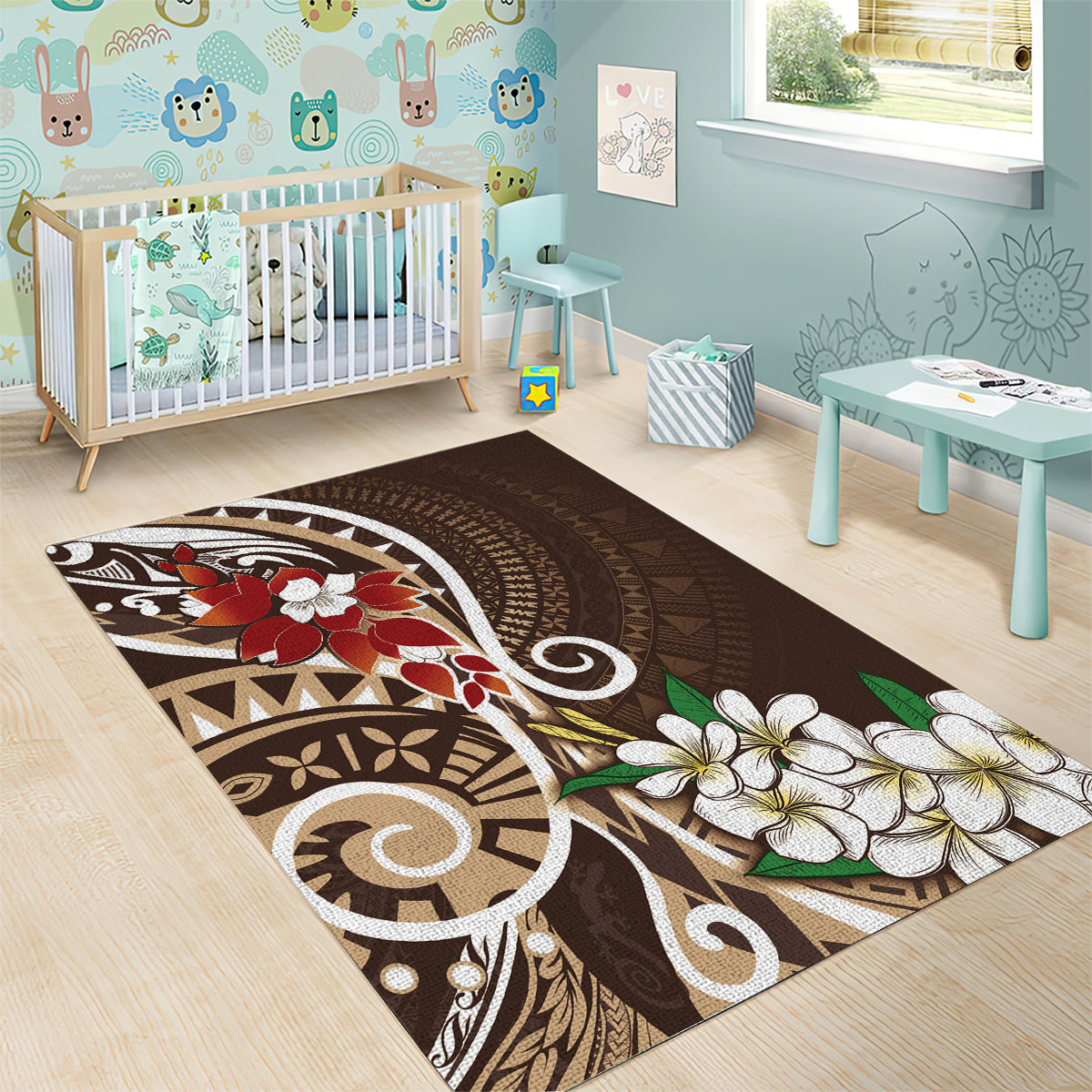 Bula Fiji Tagimaucia Mix Plumeria Masi Tapa Area Rug Brown