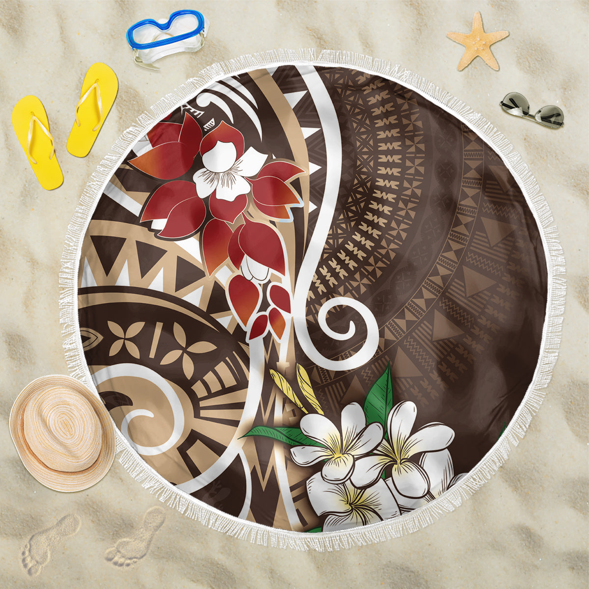 Bula Fiji Tagimaucia Mix Plumeria Masi Tapa Beach Blanket Brown