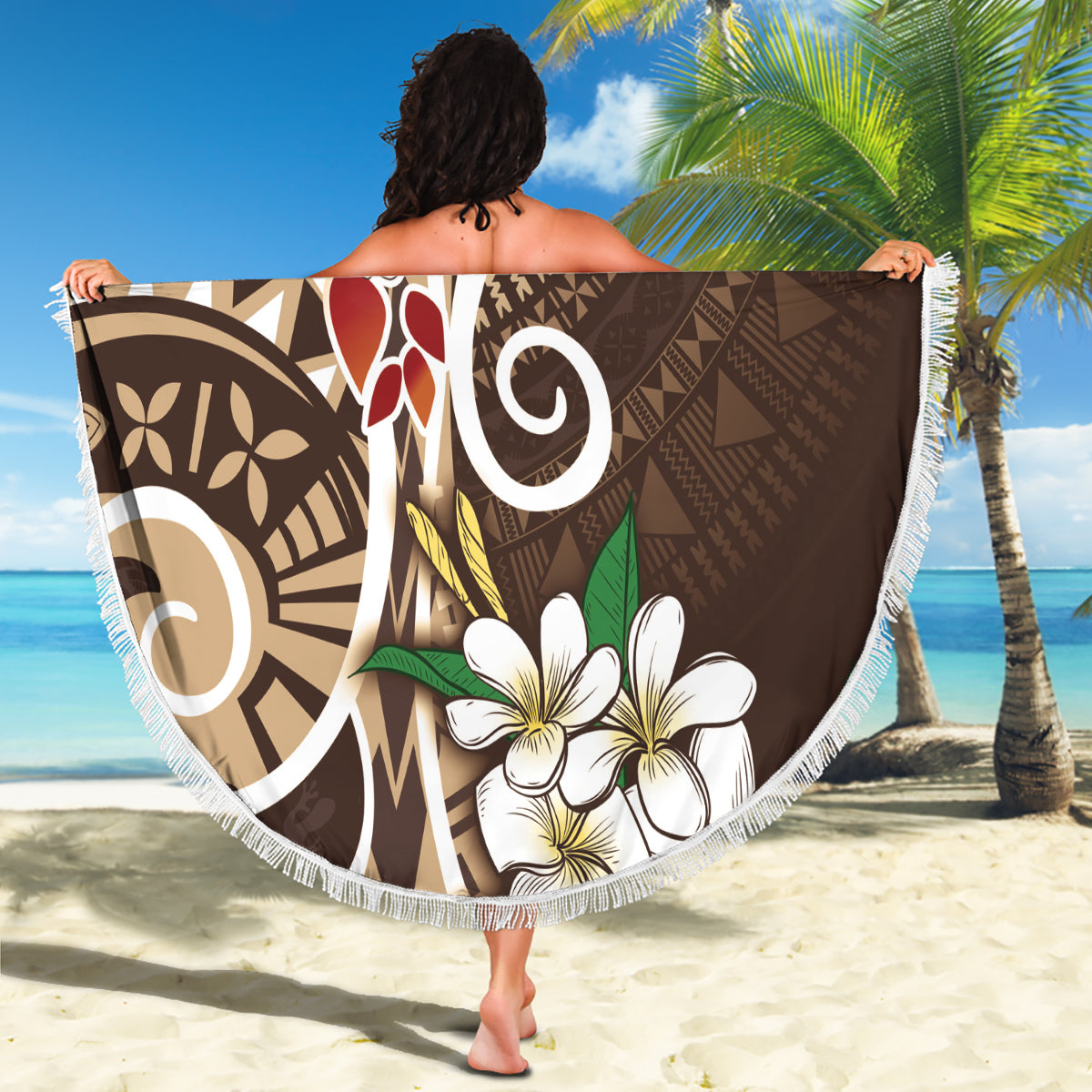 Bula Fiji Tagimaucia Mix Plumeria Masi Tapa Beach Blanket Brown