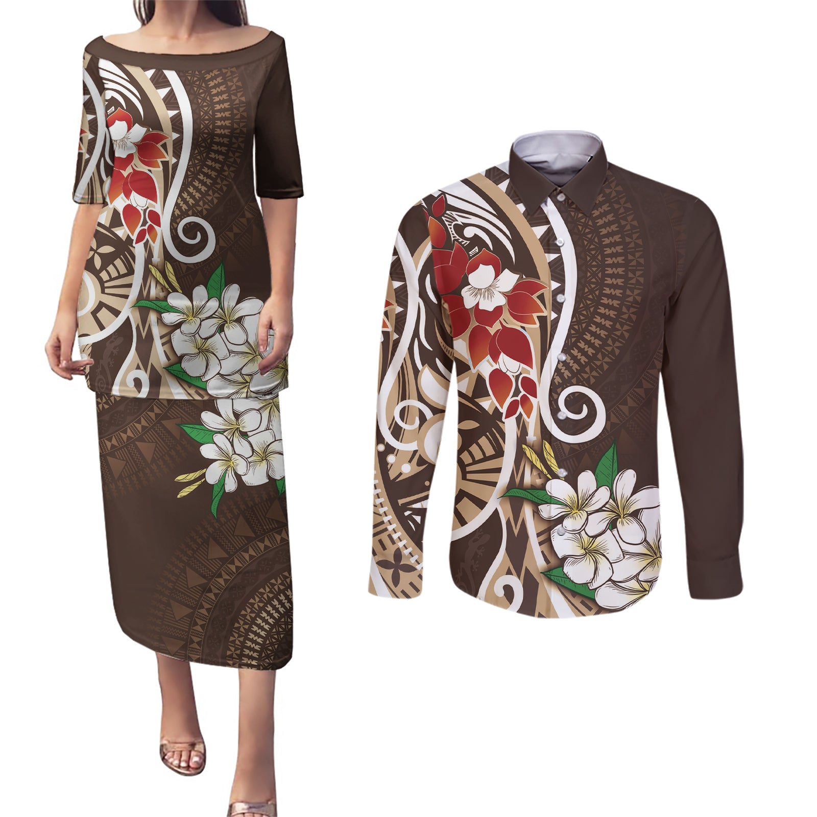 Bula Fiji Tagimaucia Mix Plumeria Masi Tapa Couples Matching Puletasi and Long Sleeve Button Shirt Brown LT7 Brown - Polynesian Pride