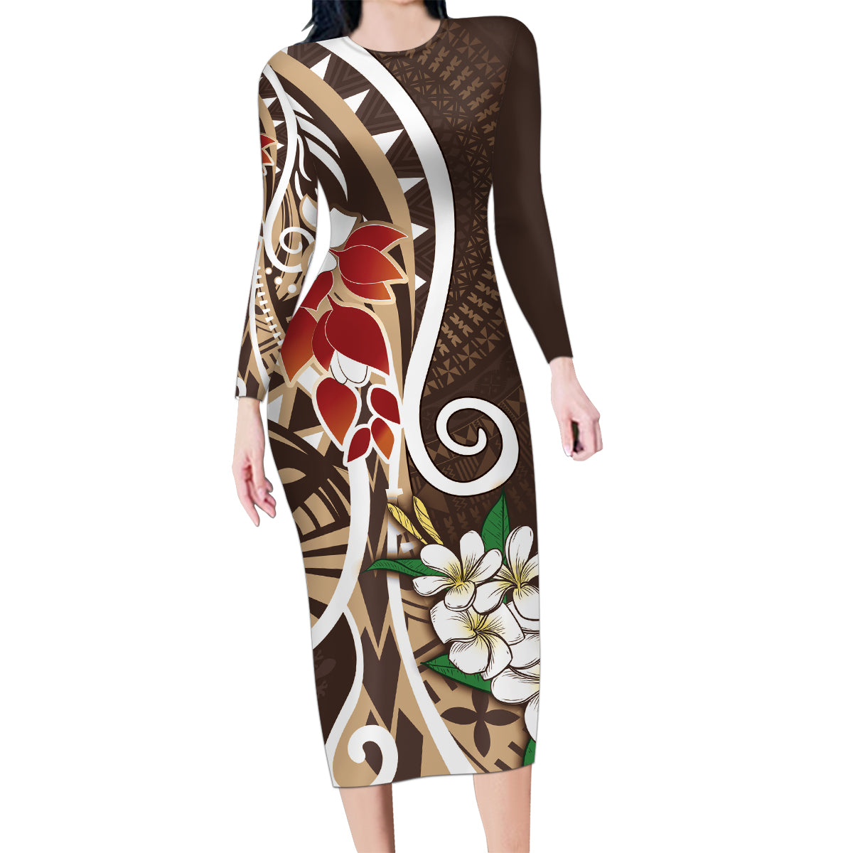 Bula Fiji Tagimaucia Mix Plumeria Masi Tapa Family Matching Long Sleeve Bodycon Dress and Hawaiian Shirt Brown LT7 Mom's Dress Brown - Polynesian Pride