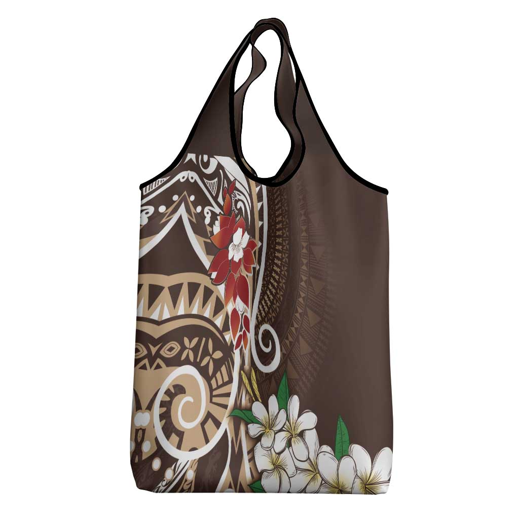 Bula Fiji Tagimaucia Mix Plumeria Masi Tapa Grocery Bag Brown