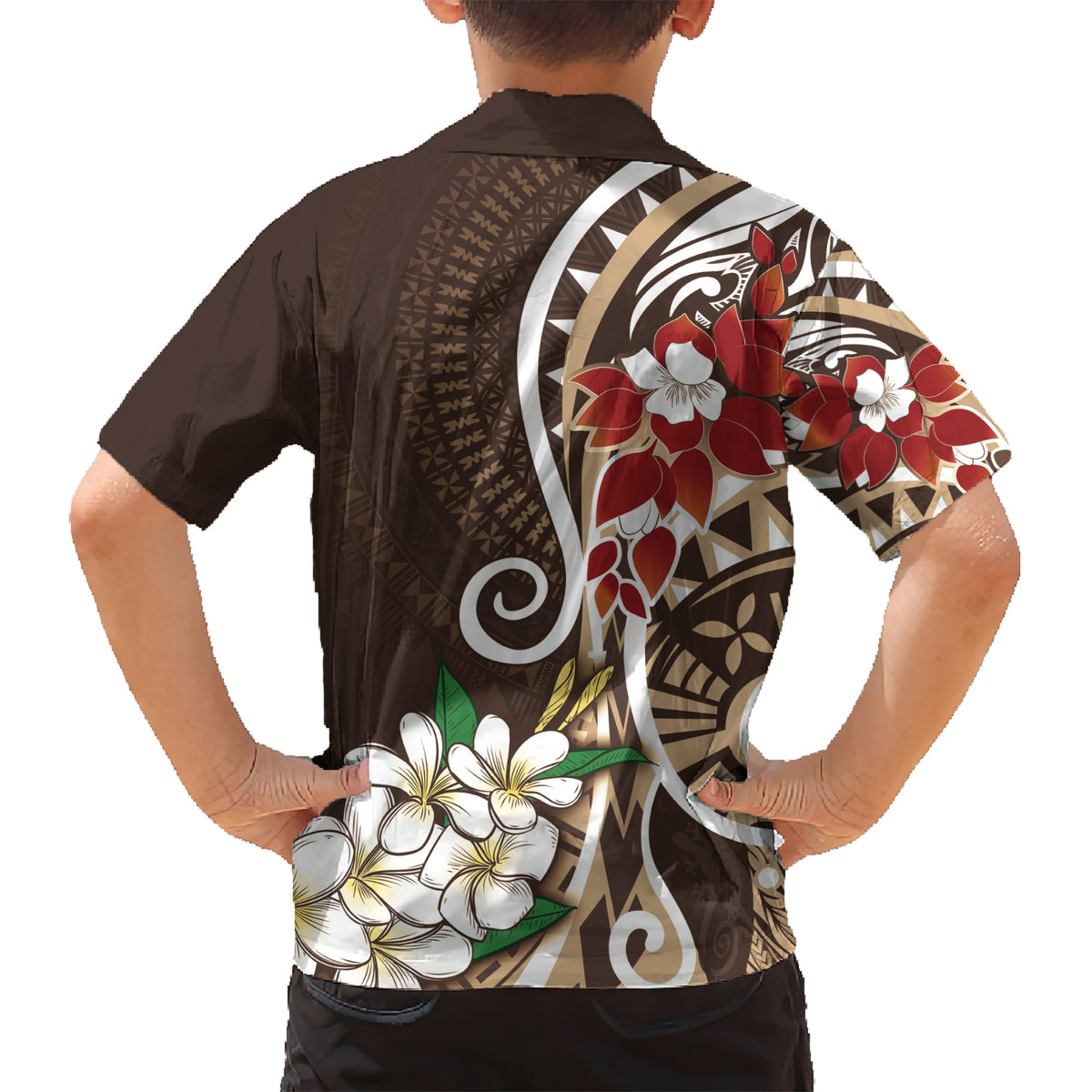 Bula Fiji Tagimaucia Mix Plumeria Masi Tapa Kid Hawaiian Shirt Brown LT7 - Polynesian Pride