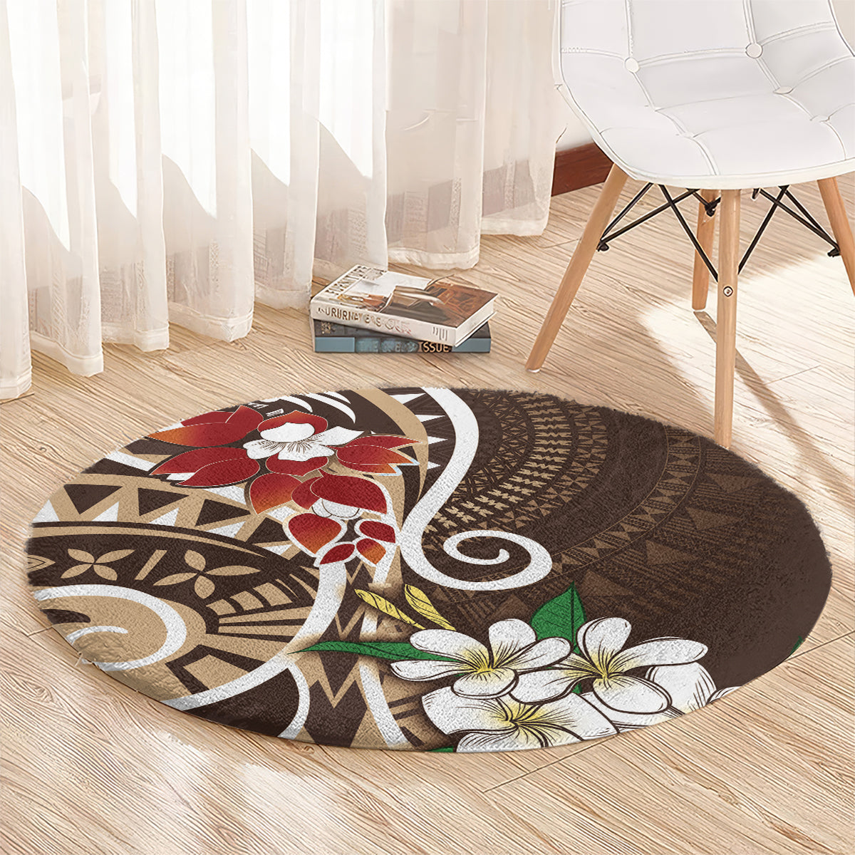 Bula Fiji Tagimaucia Mix Plumeria Masi Tapa Round Carpet Brown
