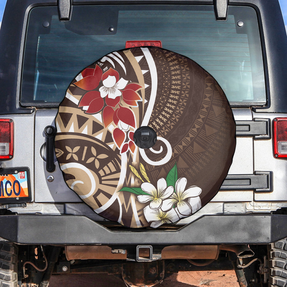 Bula Fiji Tagimaucia Mix Plumeria Masi Tapa Spare Tire Cover Brown LT7 Brown - Polynesian Pride