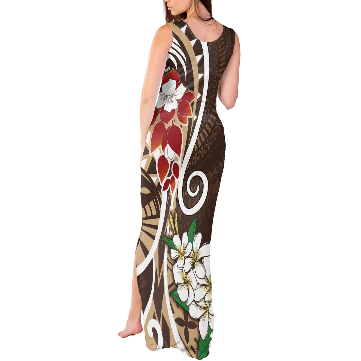 Bula Fiji Tagimaucia Mix Plumeria Masi Tapa Tank Maxi Dress Brown LT7 - Polynesian Pride
