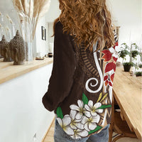 Bula Fiji Tagimaucia Mix Plumeria Masi Tapa Women Casual Shirt Brown LT7 - Polynesian Pride