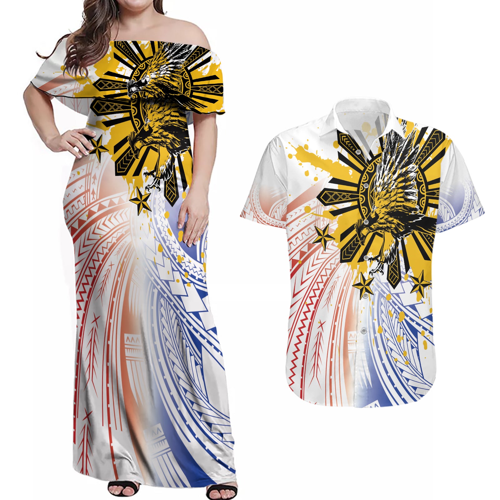 Philippines Independence Day Couples Matching Off Shoulder Maxi Dress and Hawaiian Shirt Eagle Mix Filipino Flag Tribal Style