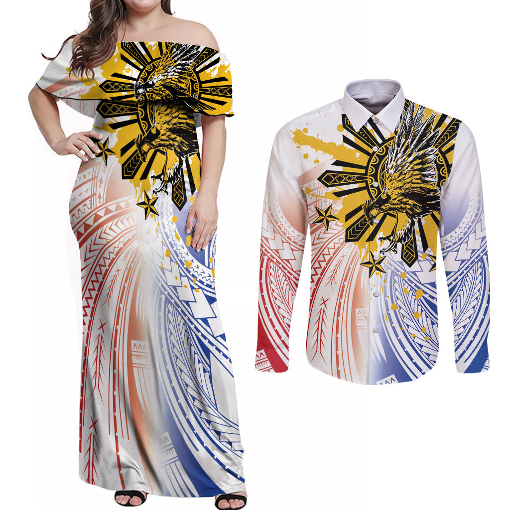 Philippines Independence Day Couples Matching Off Shoulder Maxi Dress and Long Sleeve Button Shirt Eagle Mix Filipino Flag Tribal Style