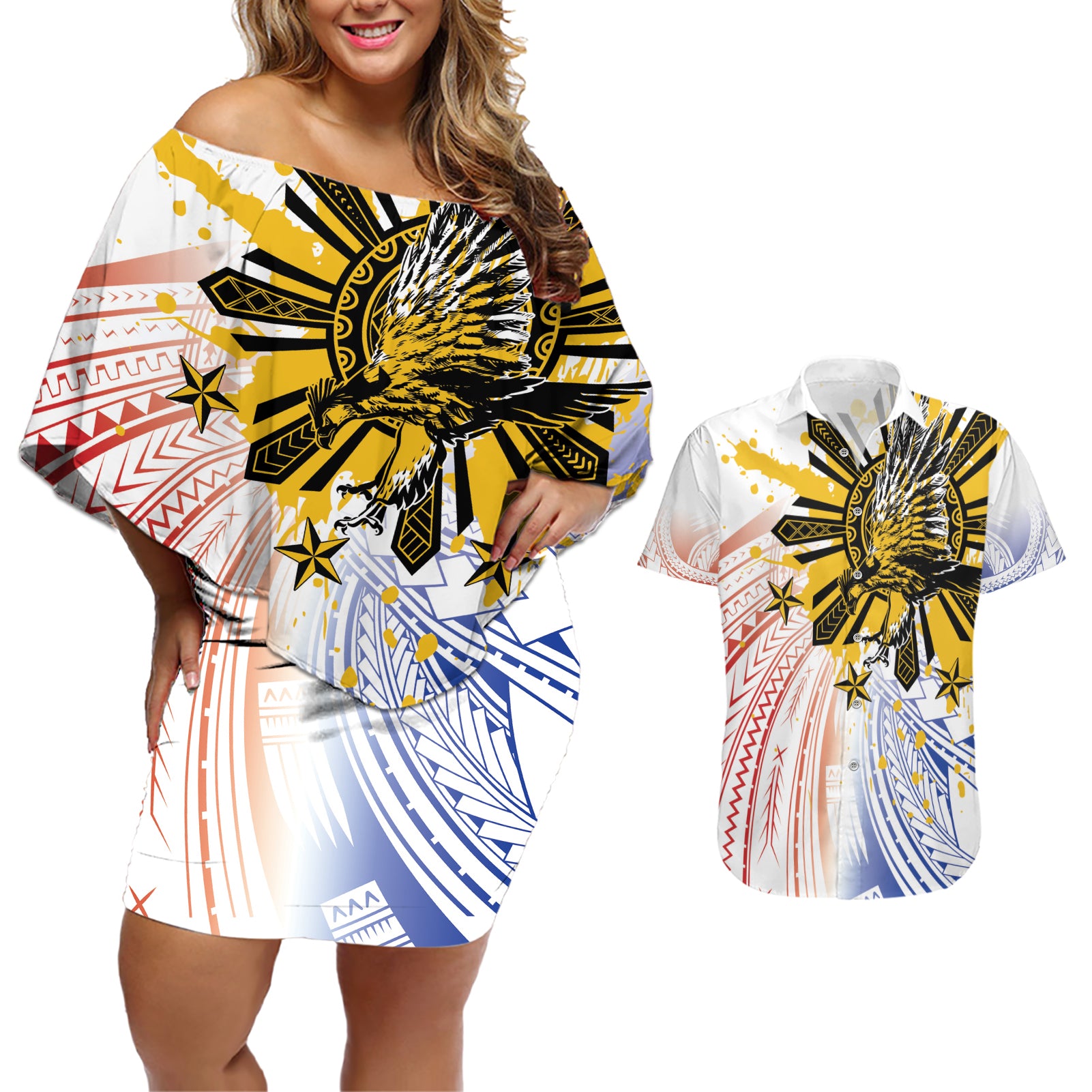 Philippines Independence Day Couples Matching Off Shoulder Short Dress and Hawaiian Shirt Eagle Mix Filipino Flag Tribal Style