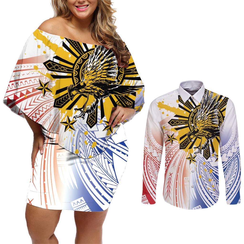 Philippines Independence Day Couples Matching Off Shoulder Short Dress and Long Sleeve Button Shirt Eagle Mix Filipino Flag Tribal Style