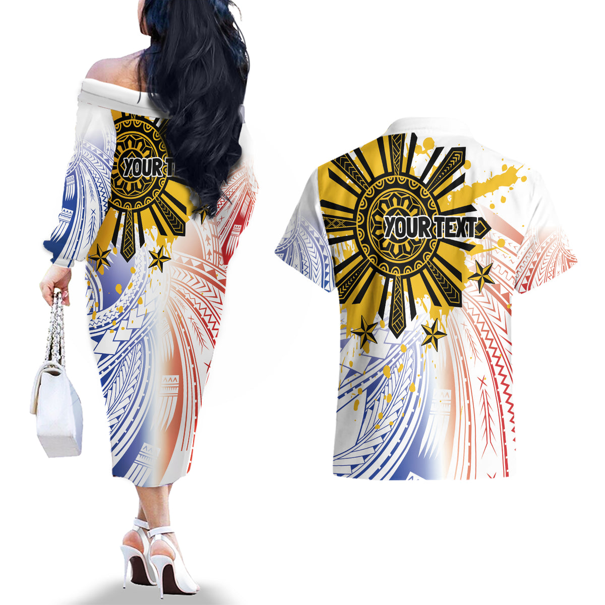 Philippines Independence Day Couples Matching Off The Shoulder Long Sleeve Dress and Hawaiian Shirt Eagle Mix Filipino Flag Tribal Style