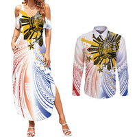Philippines Independence Day Couples Matching Summer Maxi Dress and Long Sleeve Button Shirt Eagle Mix Filipino Flag Tribal Style