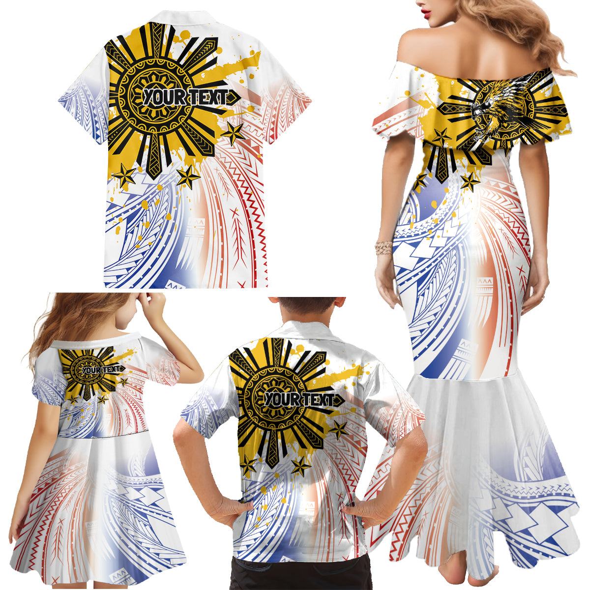 Philippines Independence Day Family Matching Mermaid Dress and Hawaiian Shirt Eagle Mix Filipino Flag Tribal Style
