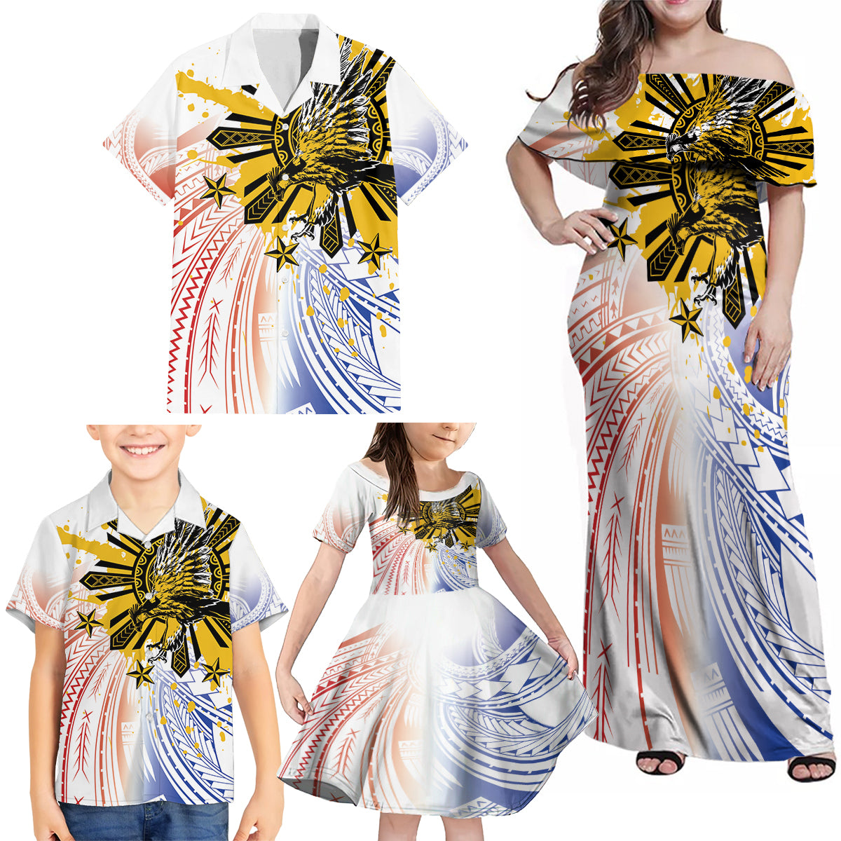 Philippines Independence Day Family Matching Off Shoulder Maxi Dress and Hawaiian Shirt Eagle Mix Filipino Flag Tribal Style