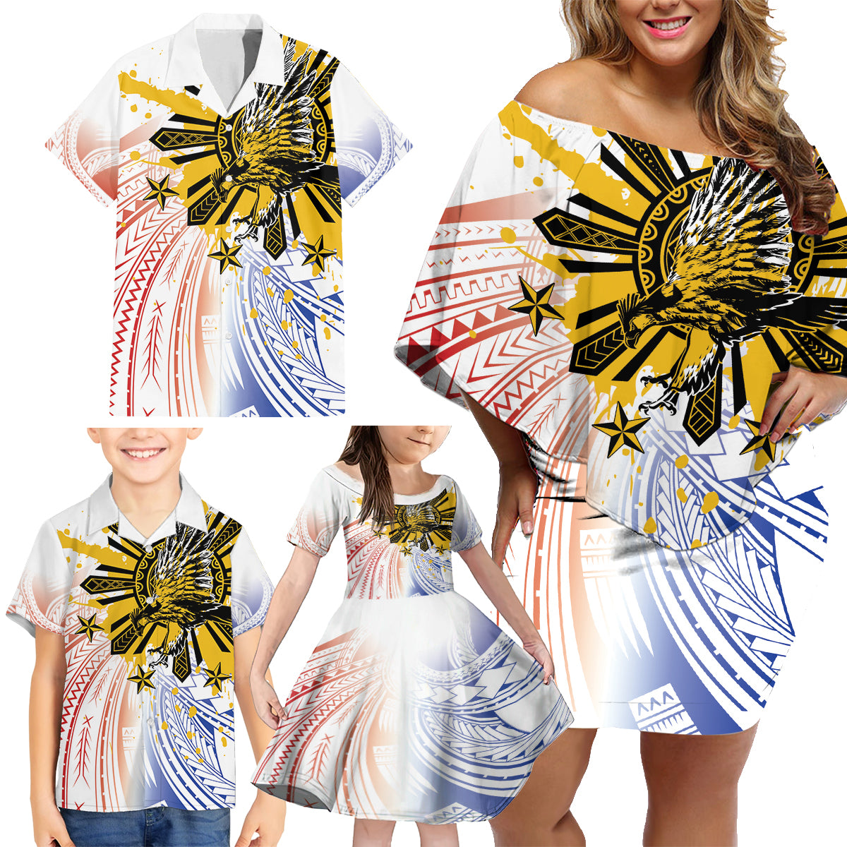 Philippines Independence Day Family Matching Off Shoulder Short Dress and Hawaiian Shirt Eagle Mix Filipino Flag Tribal Style