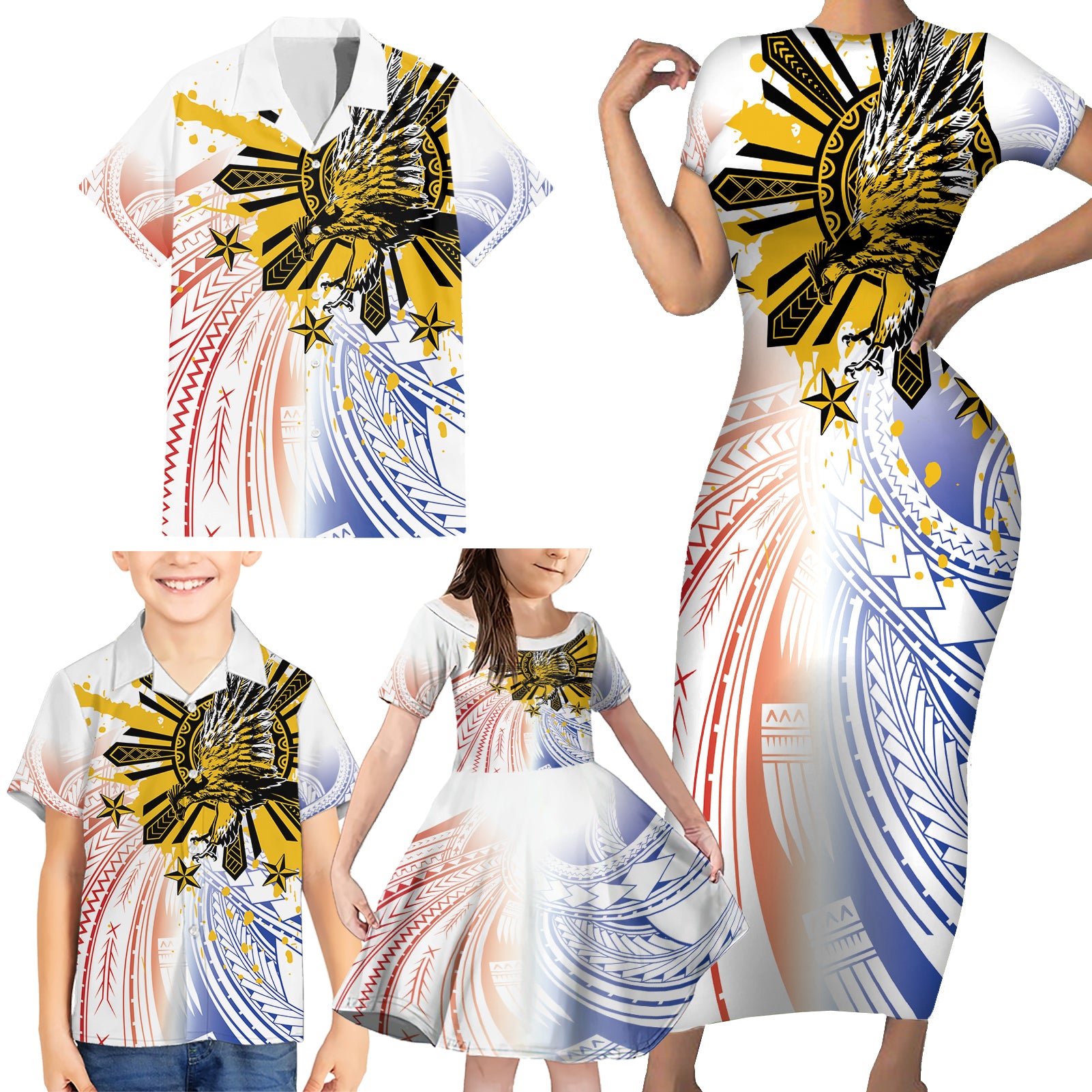 Philippines Independence Day Family Matching Short Sleeve Bodycon Dress and Hawaiian Shirt Eagle Mix Filipino Flag Tribal Style