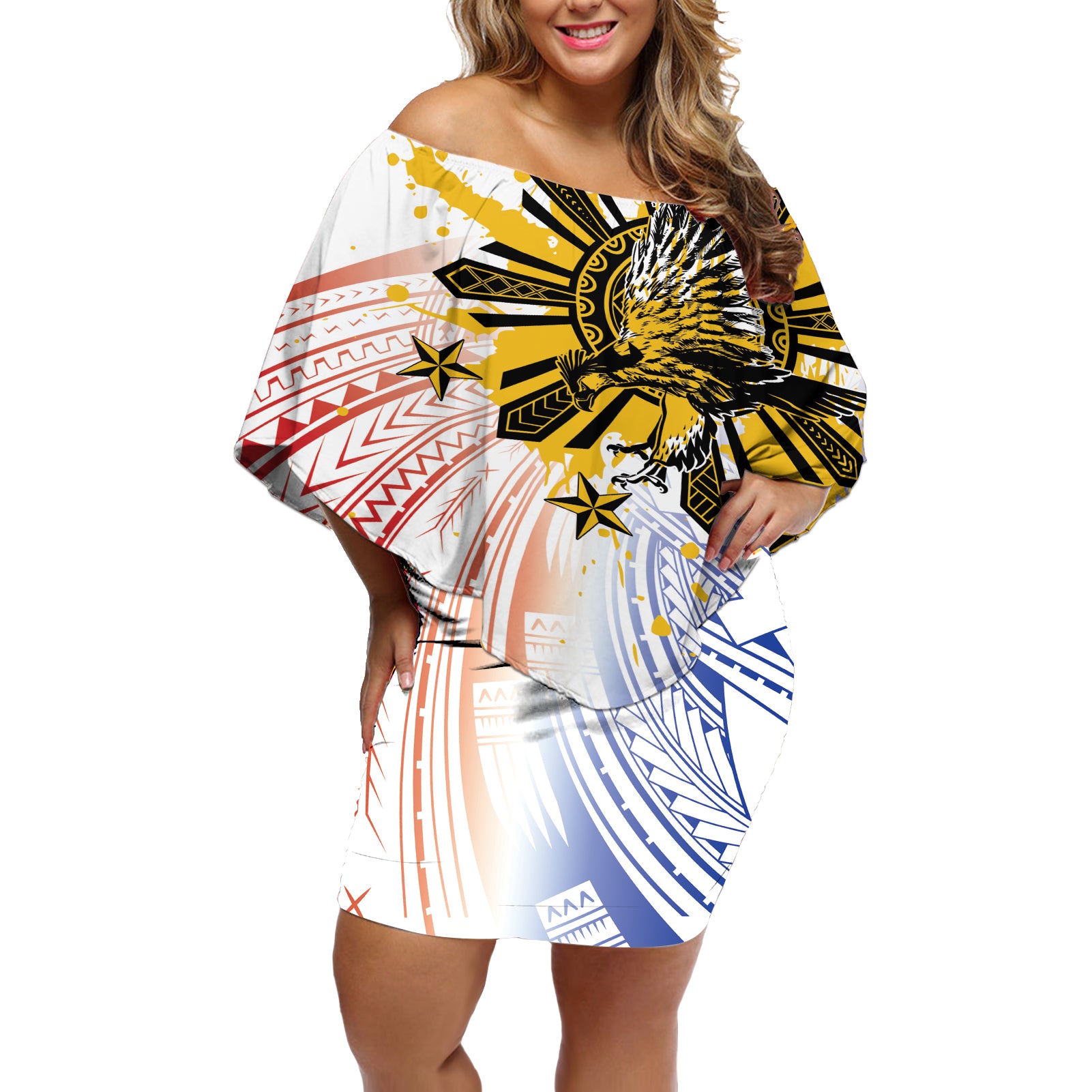 Philippines Independence Day Off Shoulder Short Dress Eagle Mix Filipino Flag Tribal Style