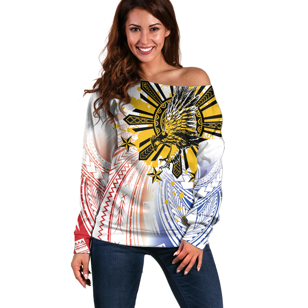 Philippines Independence Day Off Shoulder Sweater Eagle Mix Filipino Flag Tribal Style