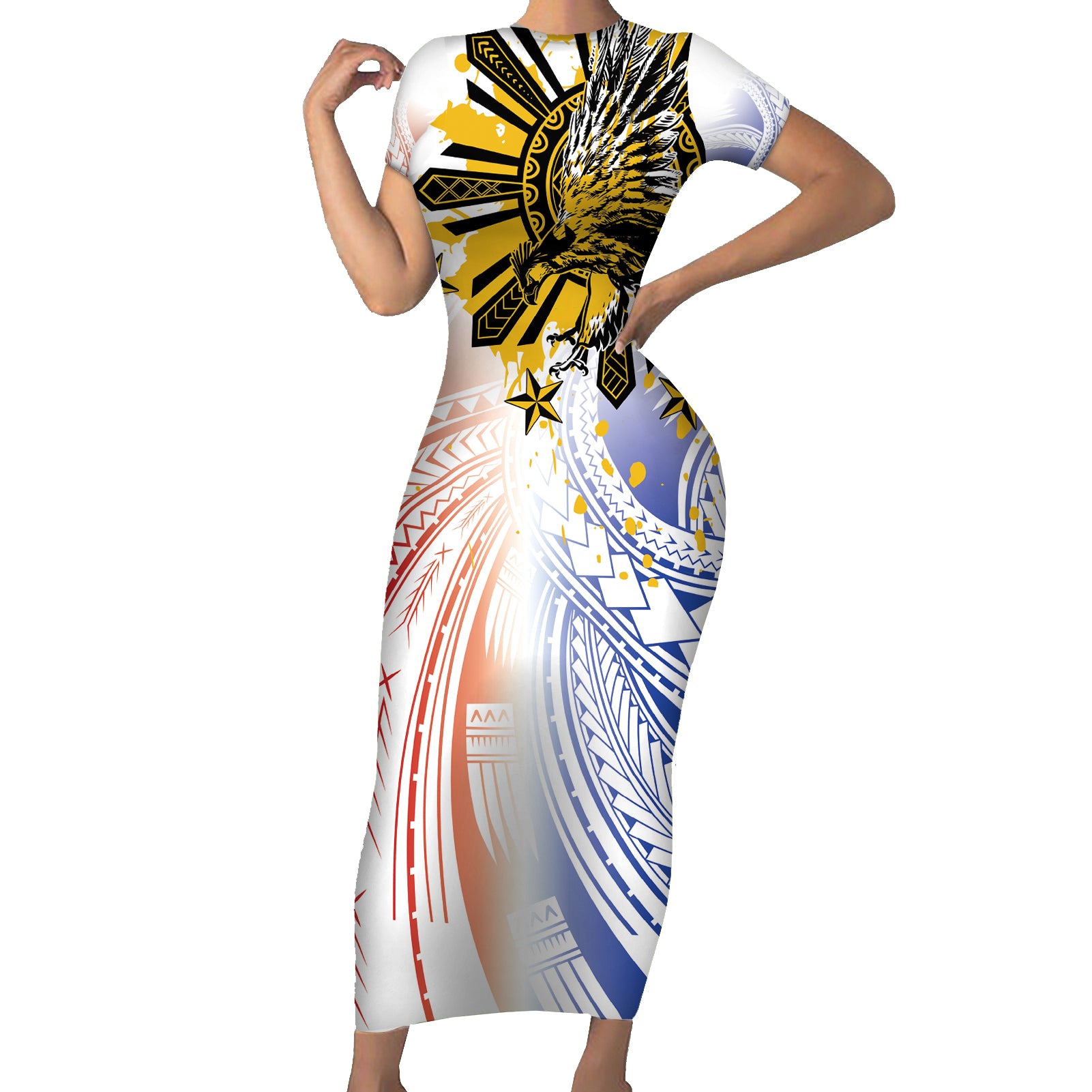 Philippines Independence Day Short Sleeve Bodycon Dress Eagle Mix Filipino Flag Tribal Style