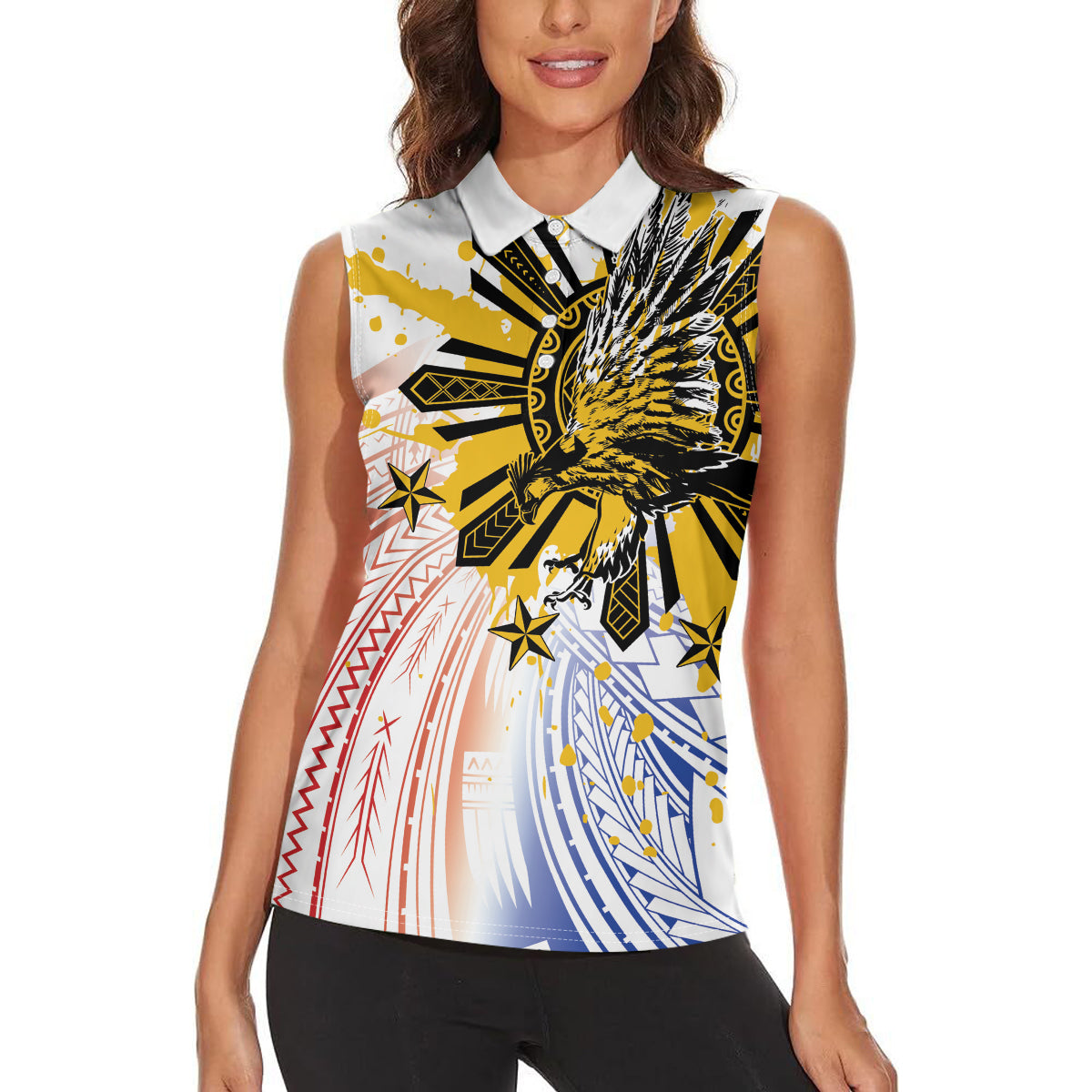 Philippines Independence Day Women Sleeveless Polo Shirt Eagle Mix Filipino Flag Tribal Style