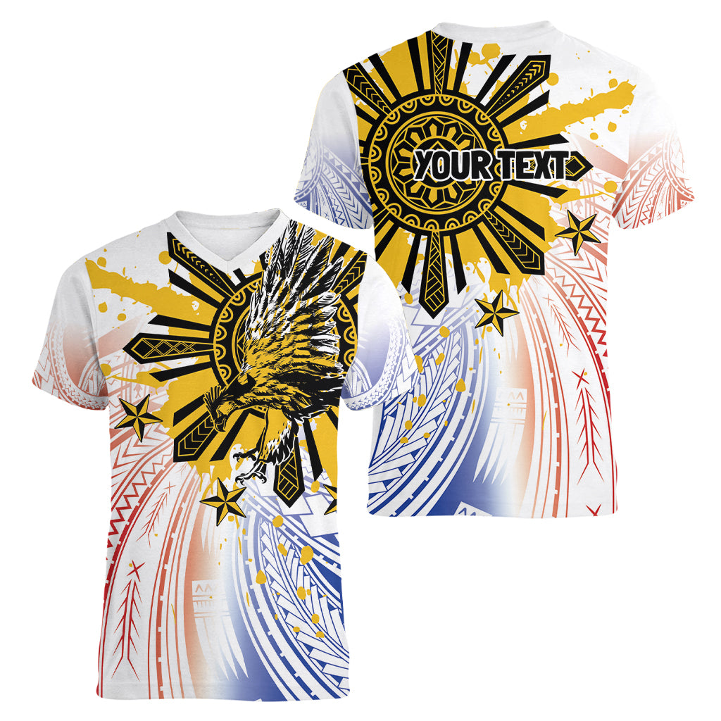 Philippines Independence Day Women V-Neck T-Shirt Eagle Mix Filipino Flag Tribal Style