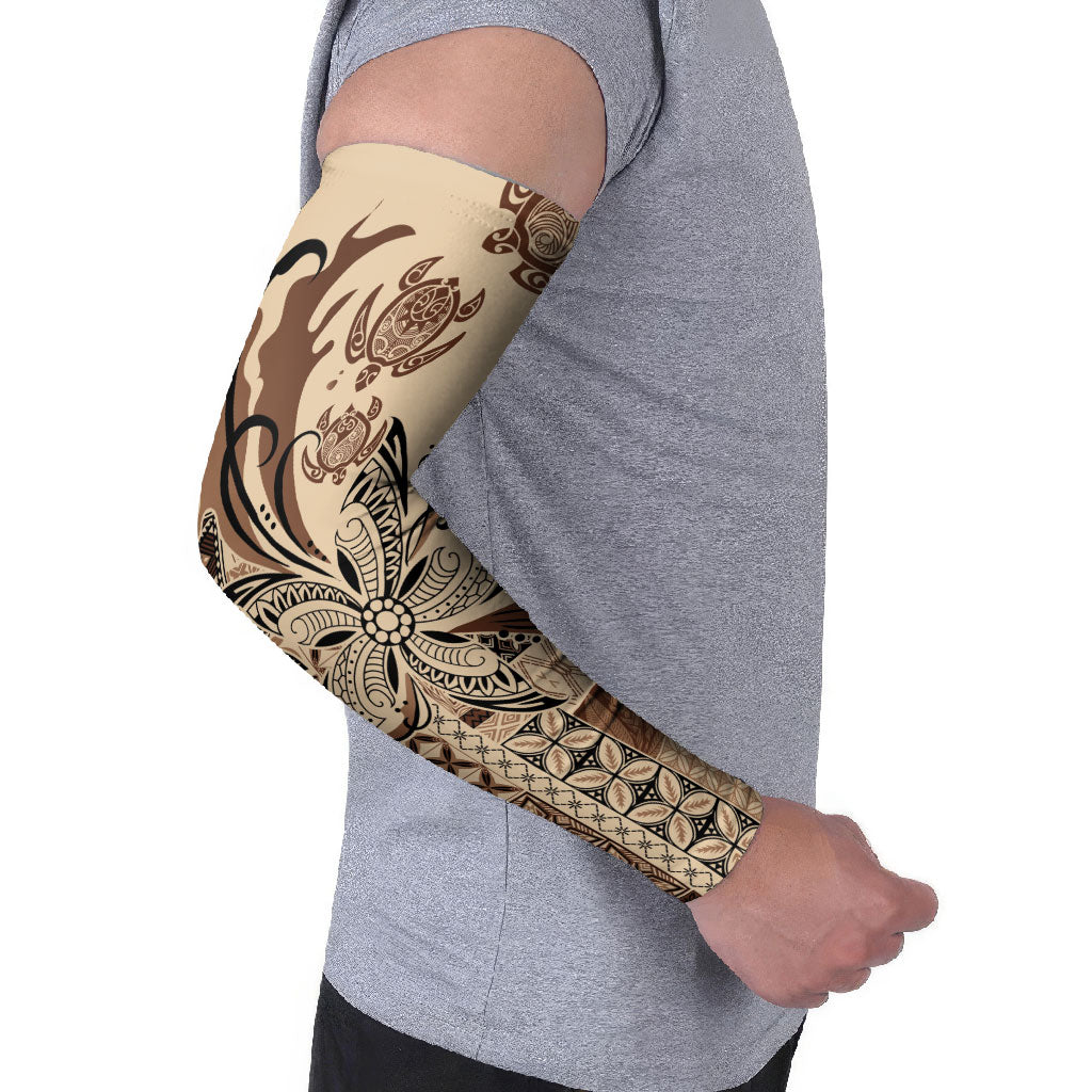 Talofa Samoa Mamanu Siapo Mix Malu Arm Sleeves Classic Beige Frangipani and Turtles