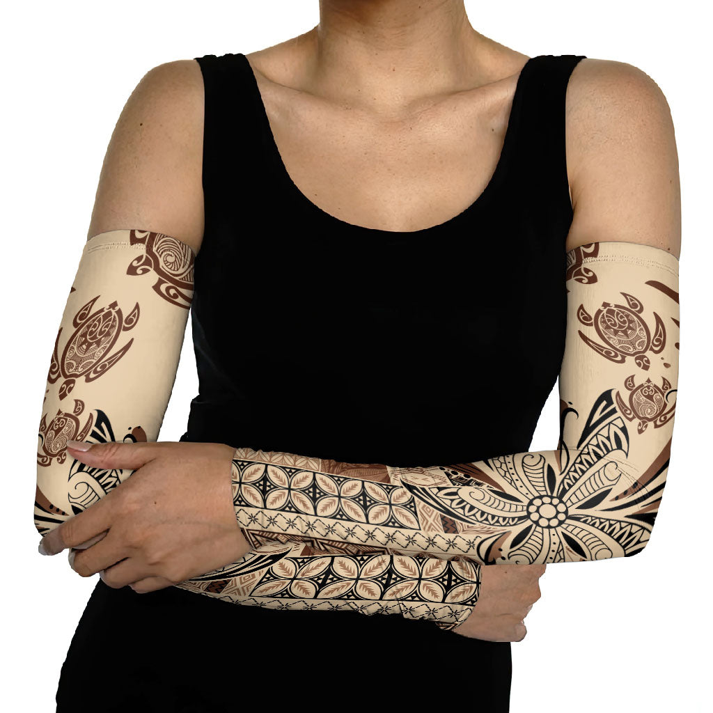 Talofa Samoa Mamanu Siapo Mix Malu Arm Sleeves Classic Beige Frangipani and Turtles