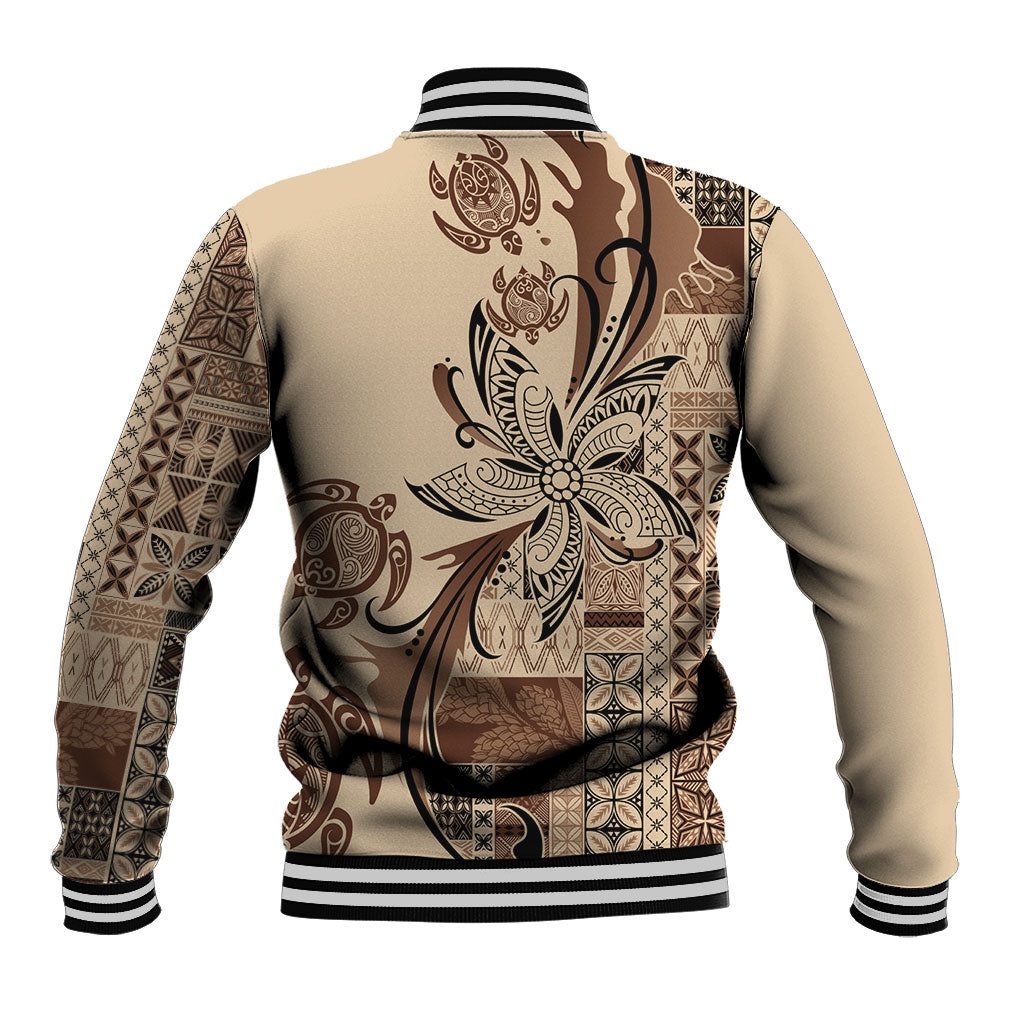 Talofa Samoa Mamanu Siapo Mix Malu Baseball Jacket Classic Beige Frangipani and Turtles