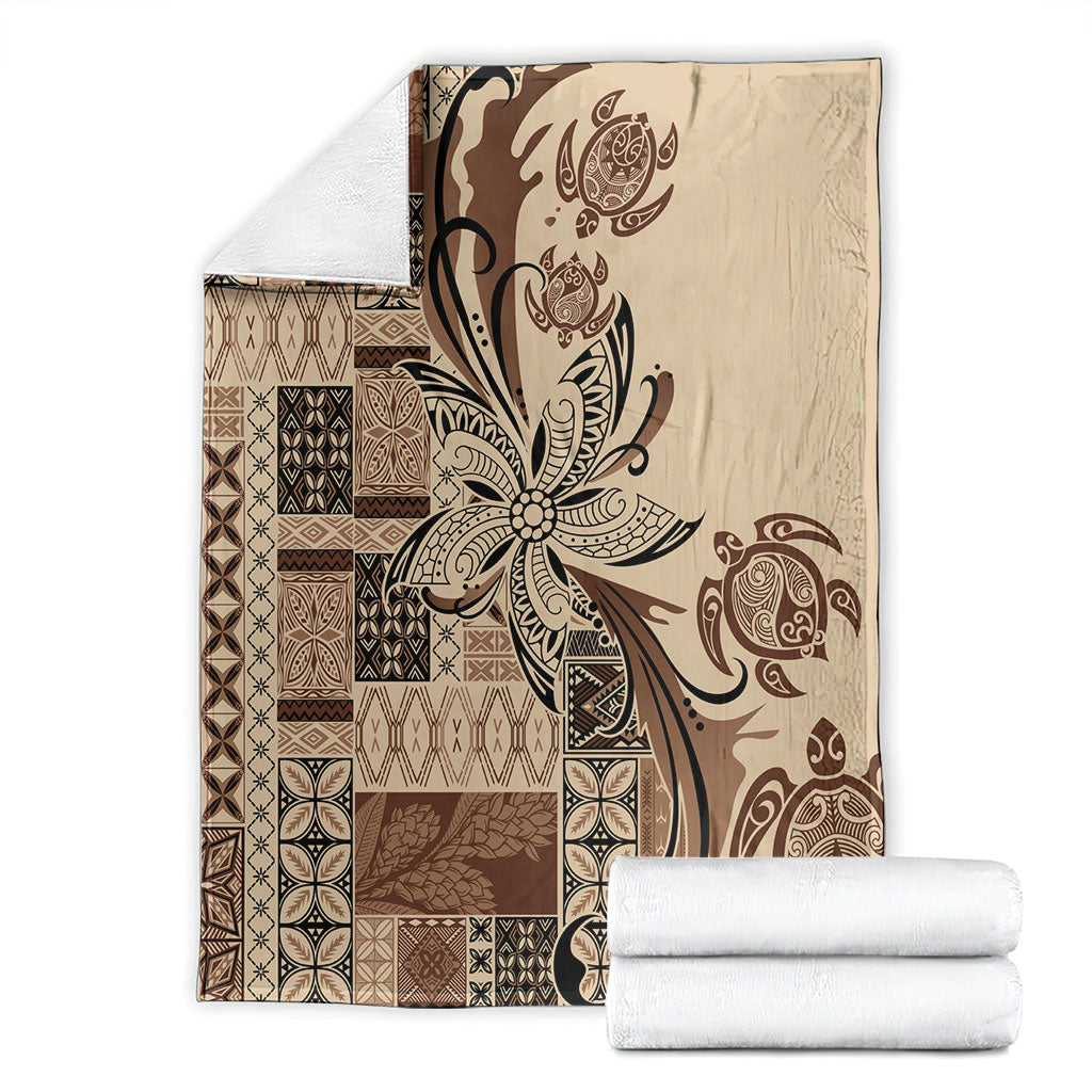 Talofa Samoa Mamanu Siapo Mix Malu Blanket Classic Beige Frangipani and Turtles