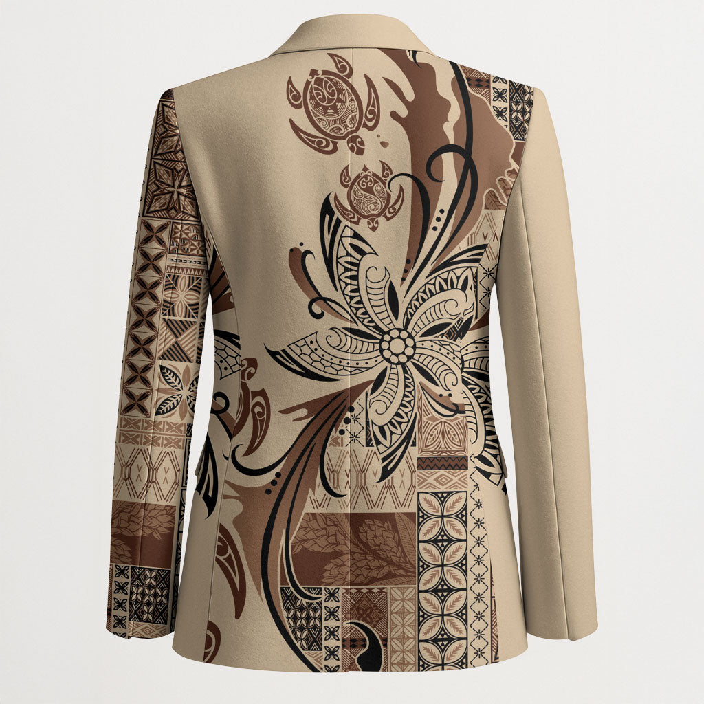 Talofa Samoa Mamanu Siapo Mix Malu Blazer Classic Beige Frangipani and Turtles