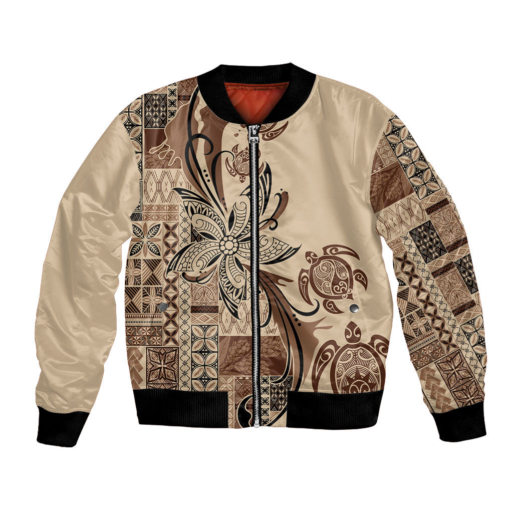Talofa Samoa Mamanu Siapo Mix Malu Bomber Jacket Classic Beige Frangipani and Turtles